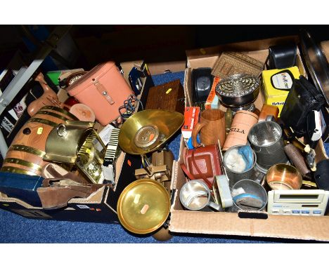 TWO BOXES AND LOOSE MISCELLANEOUS ITEMS, to include brass and wooden barrel, cased binoculars, set of W &amp; T Avery scales,