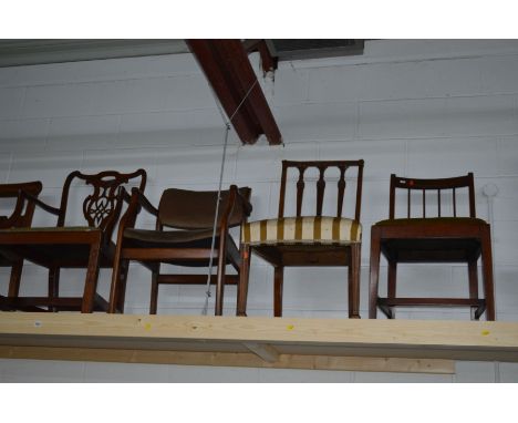 A GEORGIAN MAHOGANY CHIPPENDALE STYLE CHAIR, together with an arched back bergere armchair, Georgian bar back chair and four 