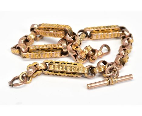 A GOLD LATE VICTORIAN TO EARLY 20TH CENTURY FANCY LINK ALBERT CHAIN, fitted to a T- bar and swivel clasp, measuring approxima