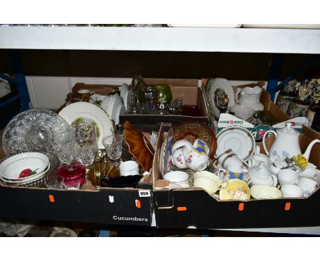 FIVE BOXES AND SUNDRY CERAMICS AND GLASSWARE, to include Wedgwood 'Ice Rose' coffee service, Royal Doulton tankard, Grosvenor