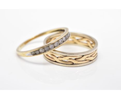 A 9CT GOLD HALF ETERNITY RING AND A 9CT GOLD BAND RING, the half eternity ring channel set with a graduated row of twelve bri
