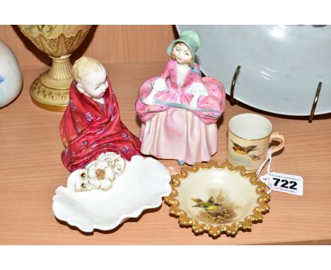 A SMALL GROUP OF ORNAMENTS, comprising two miniature pieces Royal Worcester with handpainted bird detail, a tankard, height 4