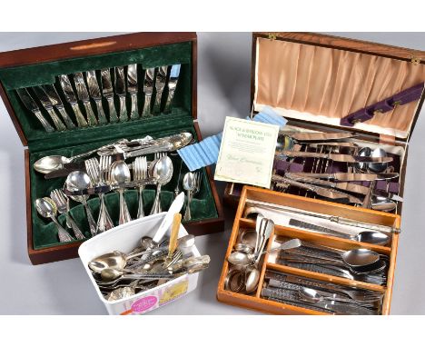 TWO CANTEENS OF SILVER PLATED CUTLERY AND LOOSE SILVER AND PLATE, including five Victorian silver teaspoons, four silver napk