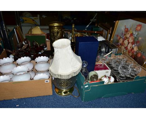 THREE BOXES AND LOOSE OF MISCELLANEOUS ITEMS, to include a pair of boxed Royal Albert brandy glasses, two Royal Albert 'Old C