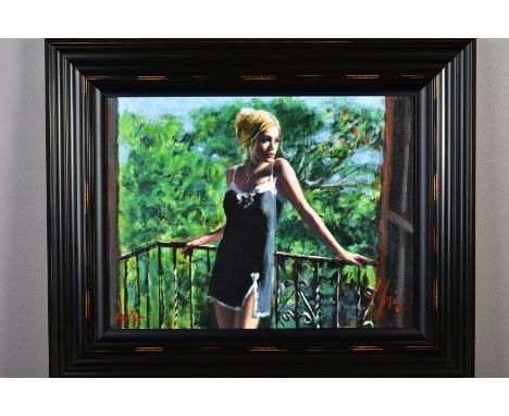 FABIAN PEREZ (ARGENTINA 1967) 'SALLY IN THE SUN', a limited edition print of a lady on a balcony 88/95, signed bottom right, 