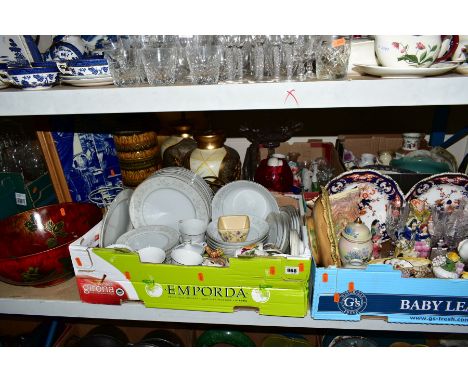 FOUR BOXES AND LOOSE OF CERAMICS AND GLASSWARE to include 'Platinum Rose' dinnerware, Imari pallette bowls, four Royal Albert