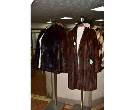EIGHT VARIOUS FUR JACKETS TO INCLUDE a dark brown circa 1970's musquash below the knee ladies coat, having leather elastic wa