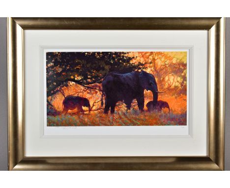 ROLF HARRIS (AUSTRALIAN 1931) 'BACKLIT GOLD' a limited edition print of elephants 131/195, signed to lower margin, mounted, f