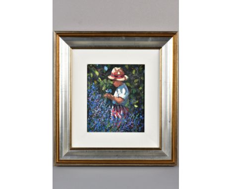 SHERREE VALENTINE DAINES (BRITISH 1959) 'PICKING BLUEBELLS', a limited edition print on board 54/195 of a child picking flowe