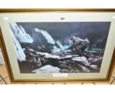 A LARGE GLAZED FRAMED PRINT, of Sgt Ian McKay, Parachute Regiment, Falklands War 1982, depicting the Action for which he was 