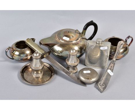 A BOX OF SILVER PLATE ETC, to include tea wares, hip flask, bayonet, etc