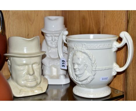 A BURLEIGH WARE 'CHAMPION OF DEMOCRACY' LOVING JUG, depicting President Roosevelt and Winston Churchill, height 17cm, togethe