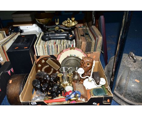 TWO BOXES AND LOOSE OF VINYL L P RECORDS, TREEN, METALWARE, CLOCK, etc, to include a heard of hardwood carved elephants, Libr