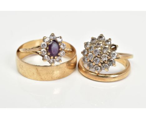 FOUR 9CT GOLD RINGS, to include an amethyst and cubic zirconia oval cluster ring, ring size M, cubic zirconia round cluster r