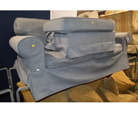 A MODERN GREY COVERED TWO SEATER SETTEE, with matching pouffe (2)