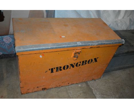A METAL STRONG BOX TRUNK, width 98cm x depth 46cm x height 61cm