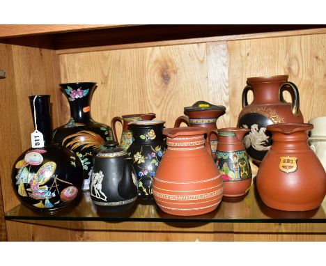 A GROUP OF TERRACOTTA AND OTHER JUGS, VASES, etc, to include a Bulbous vase, with enamelled Oriental scenes on black ground, 