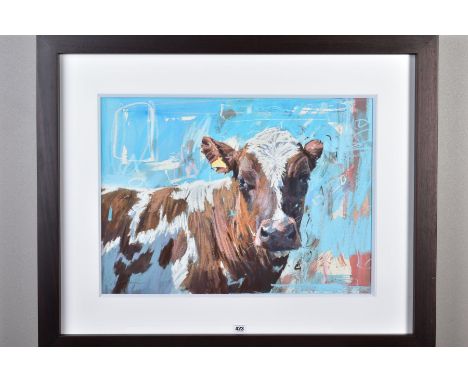 JAMES BARTHOLOMEW R.S.M.A. (BRITISH CONTEMPORARY) 'COW WITH EAR BACK' a portrait study of a cow, signed bottom left, mixed me