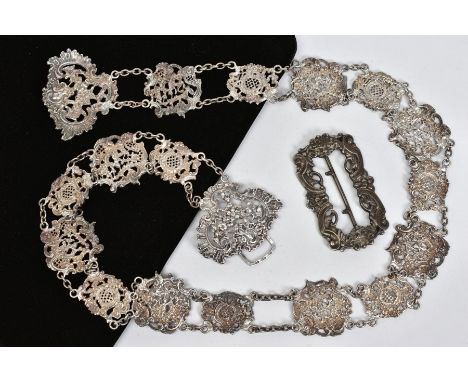 TWO ITEMS, to include a late Victorian silver belt, comprised pierced floral and foliate scroll design, measuring approximate