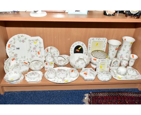 WEDGWOOD 'ROSEHIP' TRINKETS, PLATES, VASES, ETC, to include photograph frames, clock, posy bowl, baskets, dressing table trin