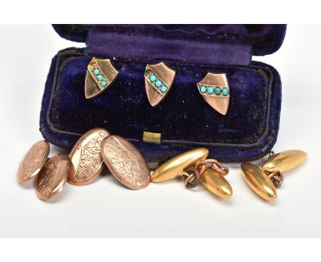 A GOLD GENTS COLLECTION OF JEWELLERY, to include a cased set gold dress studs, designed as a shield with turquoise set diagon