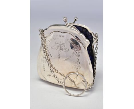 A GEORGE V SILVER PURSE, engraved with ribbons and swags, on a chain with finger ring, blue silk lined interior, makers Smith