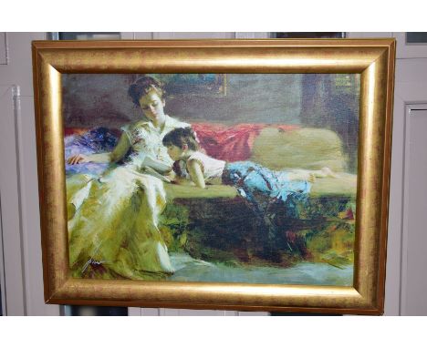 PINO DAENI (ITIALIAN/AMERICAN 1939-2010) 'LATE NIGHT READING', a limited edition print on canvas of a girl reading to her mot