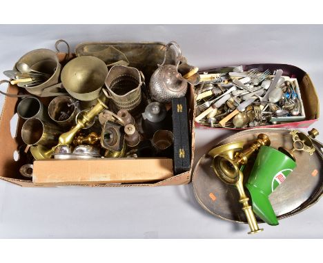 A BOX OF METALWARES, including brass candlesticks, Castrol oil jug, silver plate, etc (quantity) 