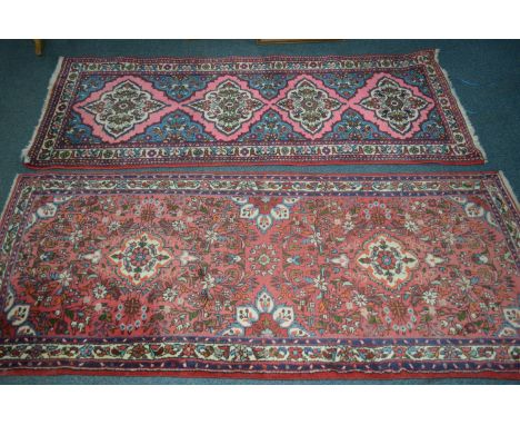 TWO SIMILAR LATE 20TH CENTURY 100% WOOLLEN SAROUK PINK AND BLUE GROUND CARPET RUNNERS, 206cm x 82cm