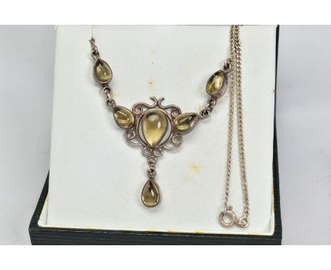 A CITRINE NECKLACE, the front panel designed as a triangular scrolling panel collet set with pear shape citrine cabochons to 