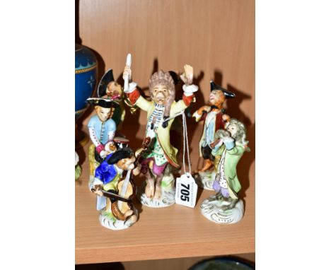 A MODERN CONTINENTAL PORCELAIN SEVEN PIECE MONKEY BAND, to include conductor in yellow jacket, height 15.5cm and his six musi