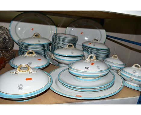 A ROYAL WORCESTER VICTORIAN DINNER SERVICE, monogrammed throughout 'Cavendo Tutus', having turquoise and gilt rim to each pie