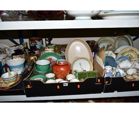 FIVE BOXES AND LOOSE OF CERAMICS AND GLASSWARE, including Satsuma vases, five Casades dogs in hats, Victorian continental tea