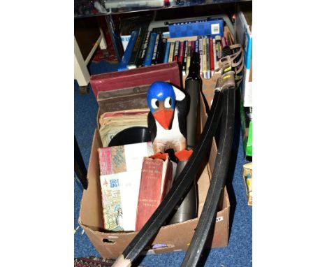 TWO BOXES AND LOOSE SUNDRY ITEMS, including a Panorama telescope D=80mm, No 20419 lens, together with a box of hardback books