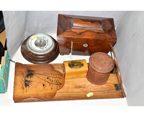 A TEA CADDY, of sarcophagus form, interior not complete, on bun feet, width 23cm, together with wooden bookslide (sd), marked
