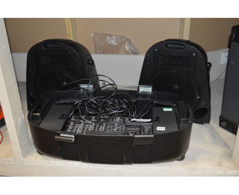A PROSOUND 150W DSP MIXER WITH TWO CLIP ON SPEAKERS (forming a dome when all clipped together) (one jacket socket pushed in)