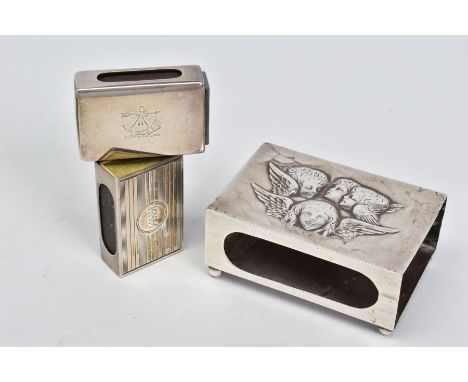 THREE SILVER MATCH BOX COVERS, the largest repousse decorated with Reynolds Angels, on four ball feet, maker William Comyns &