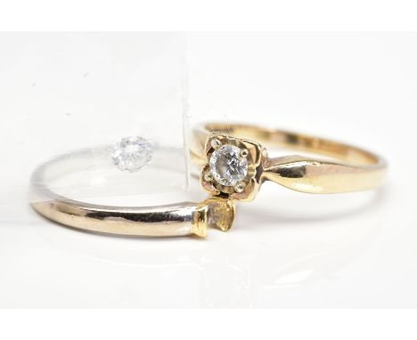 A 9CT GOLD SINGLE STONE DIAMOND RING AND AN 18CT GOLD SINGLE STONE DIAMOND RING (condition: diamond loose), the 9ct gold ring