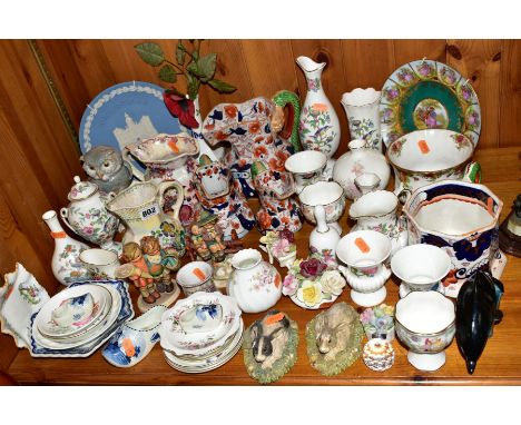 A GROUP OF CERAMIC ORNAMENTS, JUGS, PLATES, VASES, etc, to include Masons lustre jugs 'Paynsley Patt' and 'Fruit Basket', a s