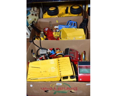 A QUANTITY OF ASSORTED PRESSED STEEL AND OTHER TOYS, to include Tri-ang Rocker Dumper, Marx Truck Mounted Crane, assorted Ton