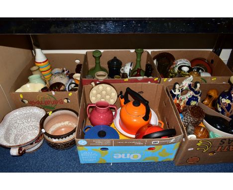 FIVE BOXES AND LOOSE CERAMICS, GLASS, KITCHEN ITEMS ETC, to include Le Creuset orange kettle and blue covered casserole dish,