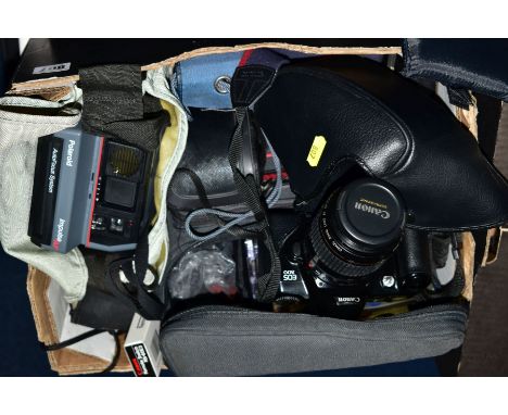 A TRAY OF CAMERAS including Canon  EOS 500, a Polaroid Impulse, af etc