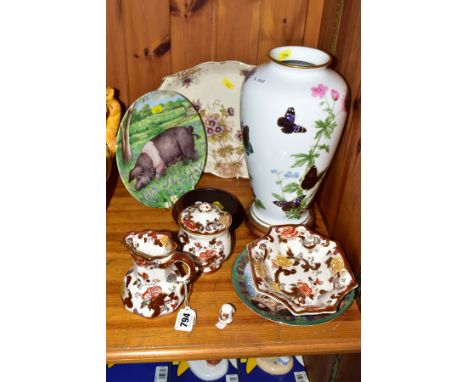 CERAMICS to include Masons Ironstone 'Brown Velvet' preserve jar, milk jug, bowl and thimble, 'Franklin Meadowland Butterfly 