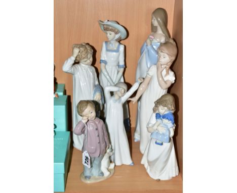 SEVEN NAO FIGURES, 'Sleepy Head' (boy with teddy), height 19cm, 'We're Sleepy' No1107, a child yawning, height 20cm, girl yaw