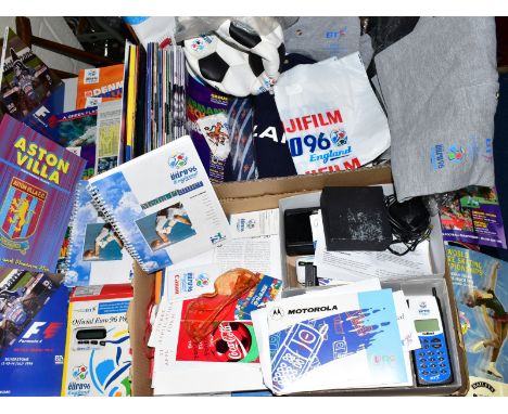 TWO BOXES OF SPORTING MEMORABLIA, etc, to include EURO 1996 Corporate British Telecom memorabilia, various sports programmes 