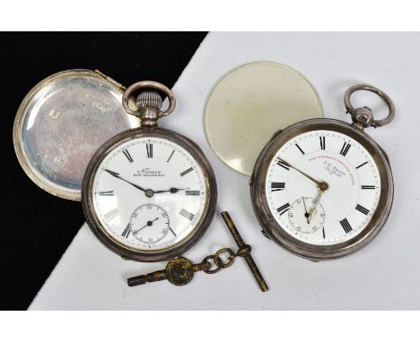 TWO STERLING SILVER OPEN FACED POCKET WATCHES, both with white dial, Roman numeral markers and subsidiary seconds dials, the 