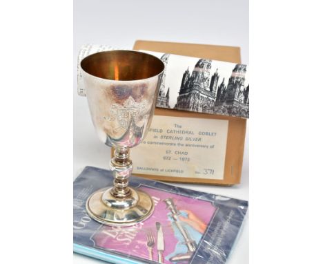 A LIMITED EDITION LICHFIELD CATHEDRAL ANNIVERSARY SILVER GOBLET, with silver gilt inner cup, engraved with the Coat of the Di