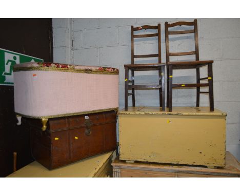 A PAINTED VICTORIAN BLANKET BOX, width 92cm x depth 50cm x height 48cm together with a wicker linen box, two Edwardian chairs
