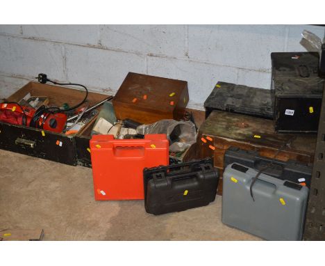TWO TRAYS OF VARIOUS HAND TOOLS together with an engineers chest, four cased electric hand tools and two metal ammo crates wi