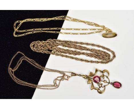 THREE ITEMS OF JEWELLERY, the first a 9ct gold Prince of Wales chain necklace, with 9ct hallmark, the second an openwork foli